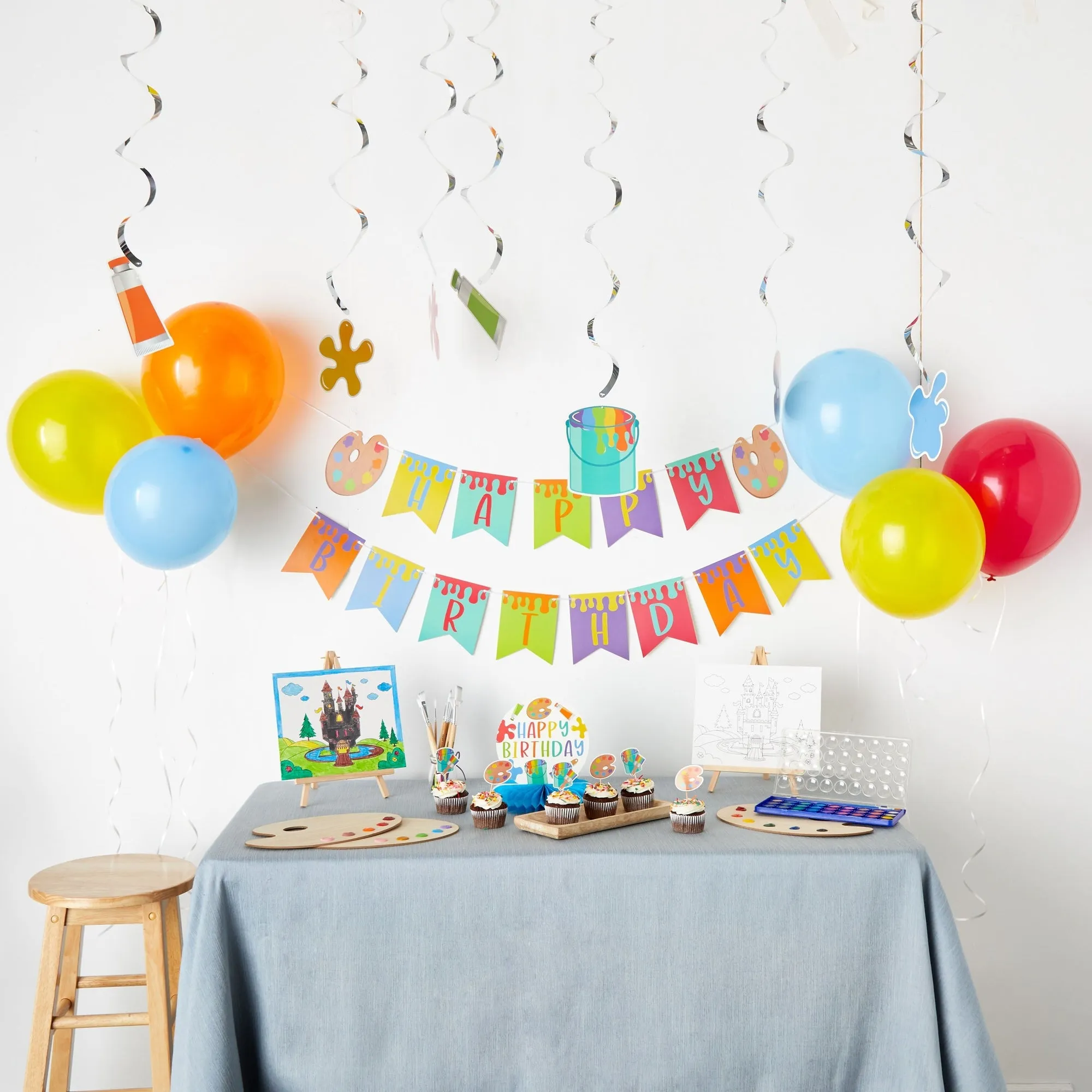 59 Piece Art Birthday Party Decorations Kit with Balloons, Banner, Swirl Cutouts, Honeycomb Table Centerpieces