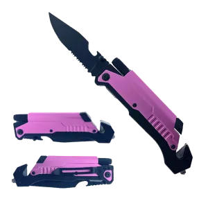8 1/2" Folding Knife with LED light, cutter, glass breaker - Pink