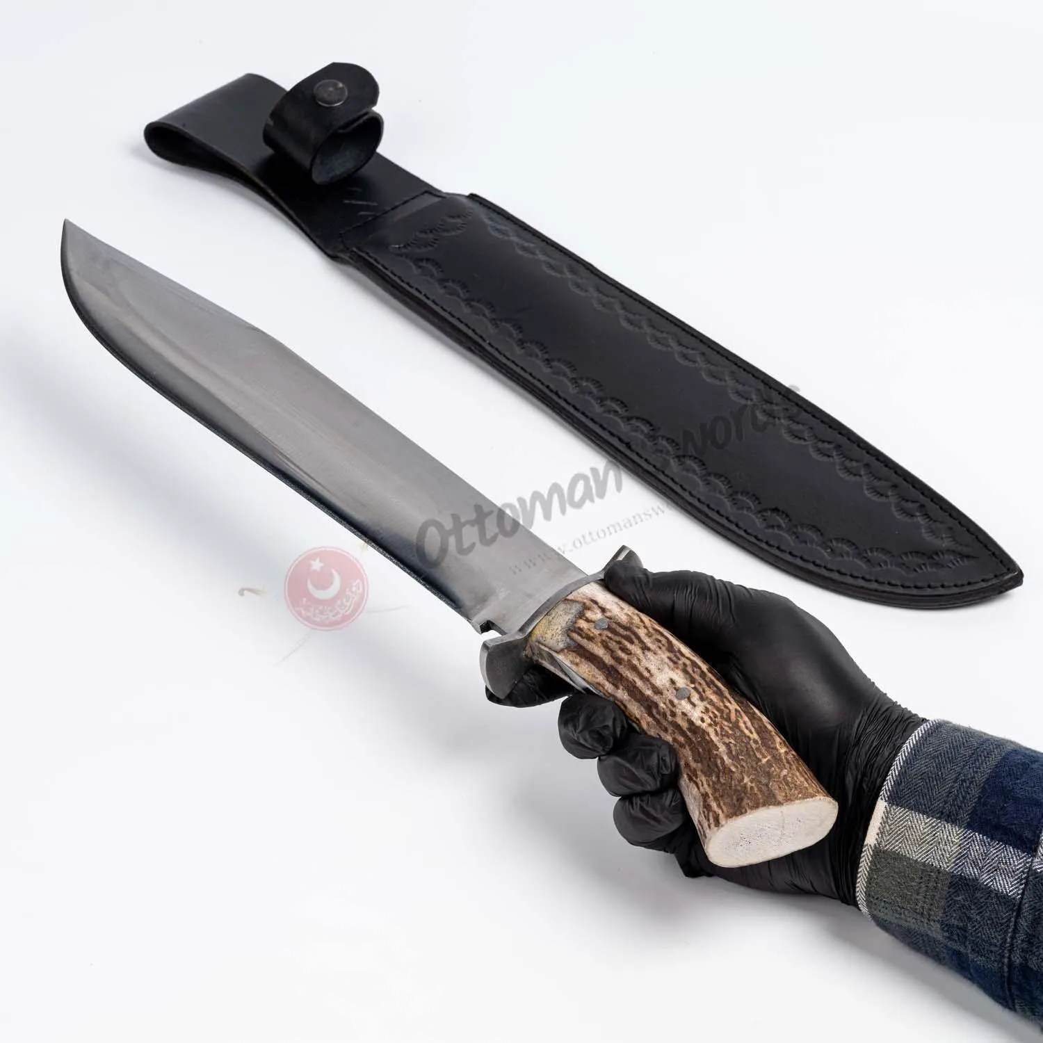 Antler Crown Bowie Knife With Sheath Carbon Steel Blade, Genuine Horn Handle, Steel Handguard - Length 17,7 ”