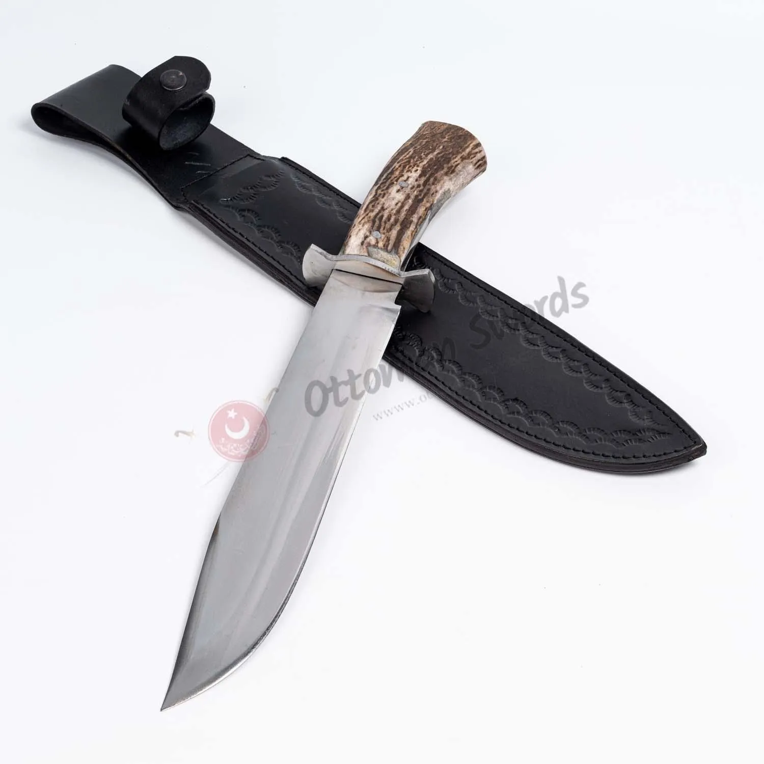 Antler Crown Bowie Knife With Sheath Carbon Steel Blade, Genuine Horn Handle, Steel Handguard - Length 17,7 ”