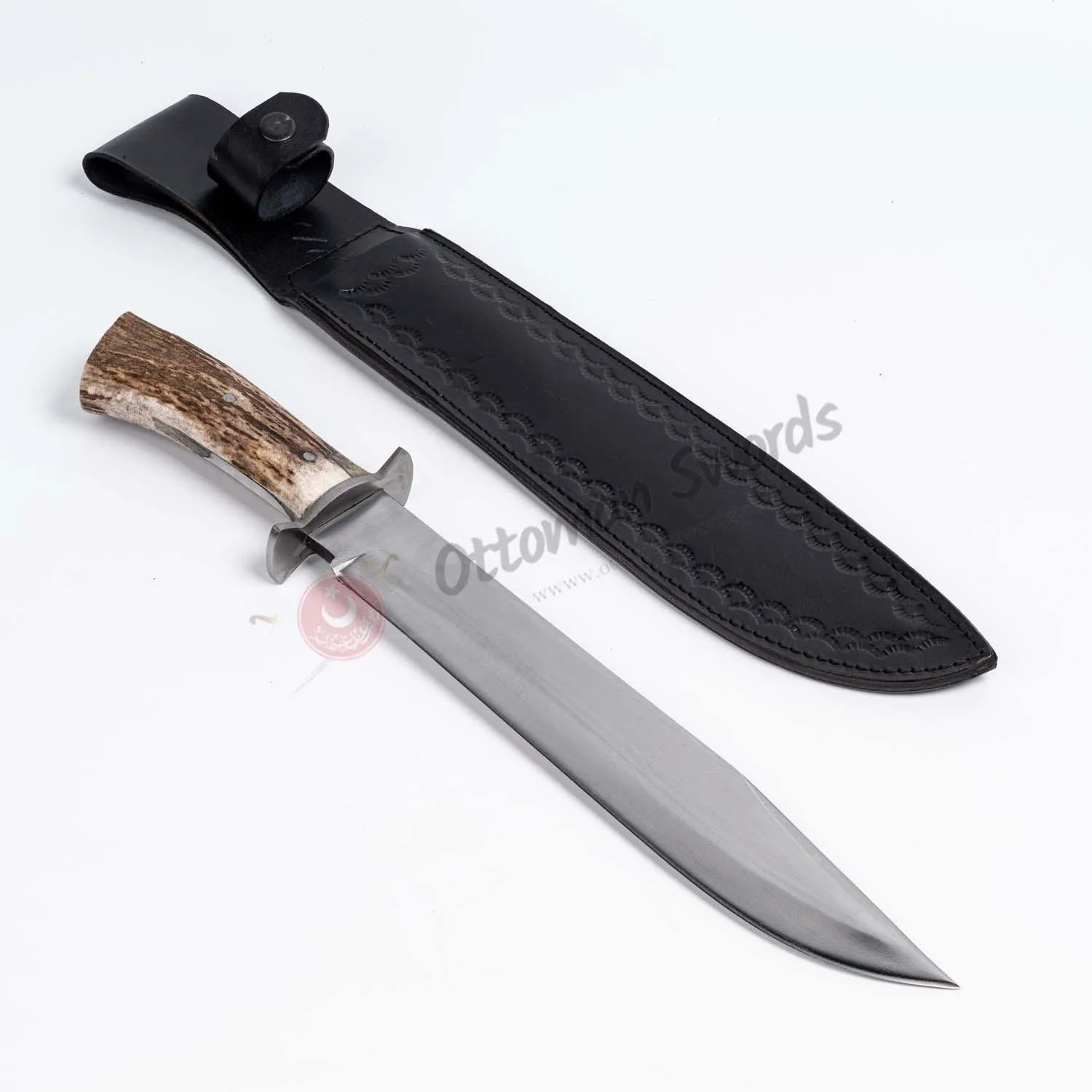 Antler Crown Bowie Knife With Sheath Carbon Steel Blade, Genuine Horn Handle, Steel Handguard - Length 17,7 ”