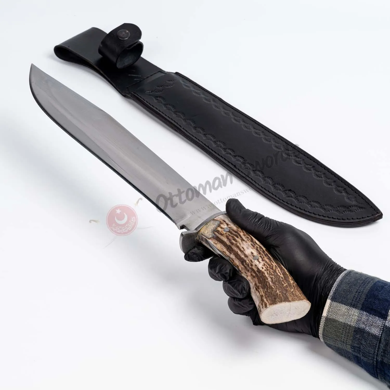 Antler Crown Bowie Knife With Sheath Carbon Steel Blade, Genuine Horn Handle, Steel Handguard - Length 17,7 ”
