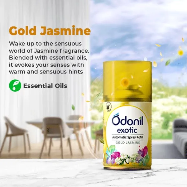 DABUR Odonil Exotic Automatic Spray - 225Ml | Machine   1 Refill | Gold Jasmine | 2X Long Lasting | 2200 Sprays Guaranteed | Lasts Upto 60 Days
