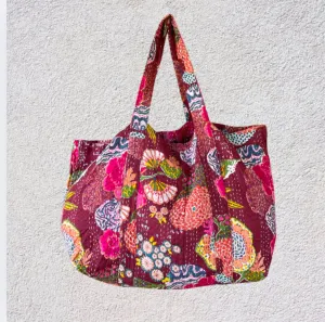 Handmade Boho Cotton Burgundy Tropical Kantha Quilted Bags Tote Beach Bag