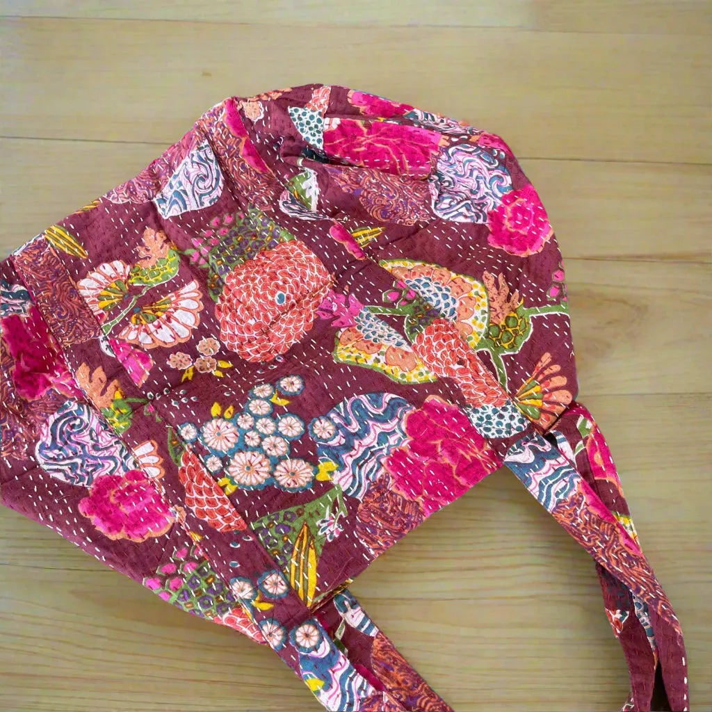 Handmade Boho Cotton Burgundy Tropical Kantha Quilted Bags Tote Beach Bag