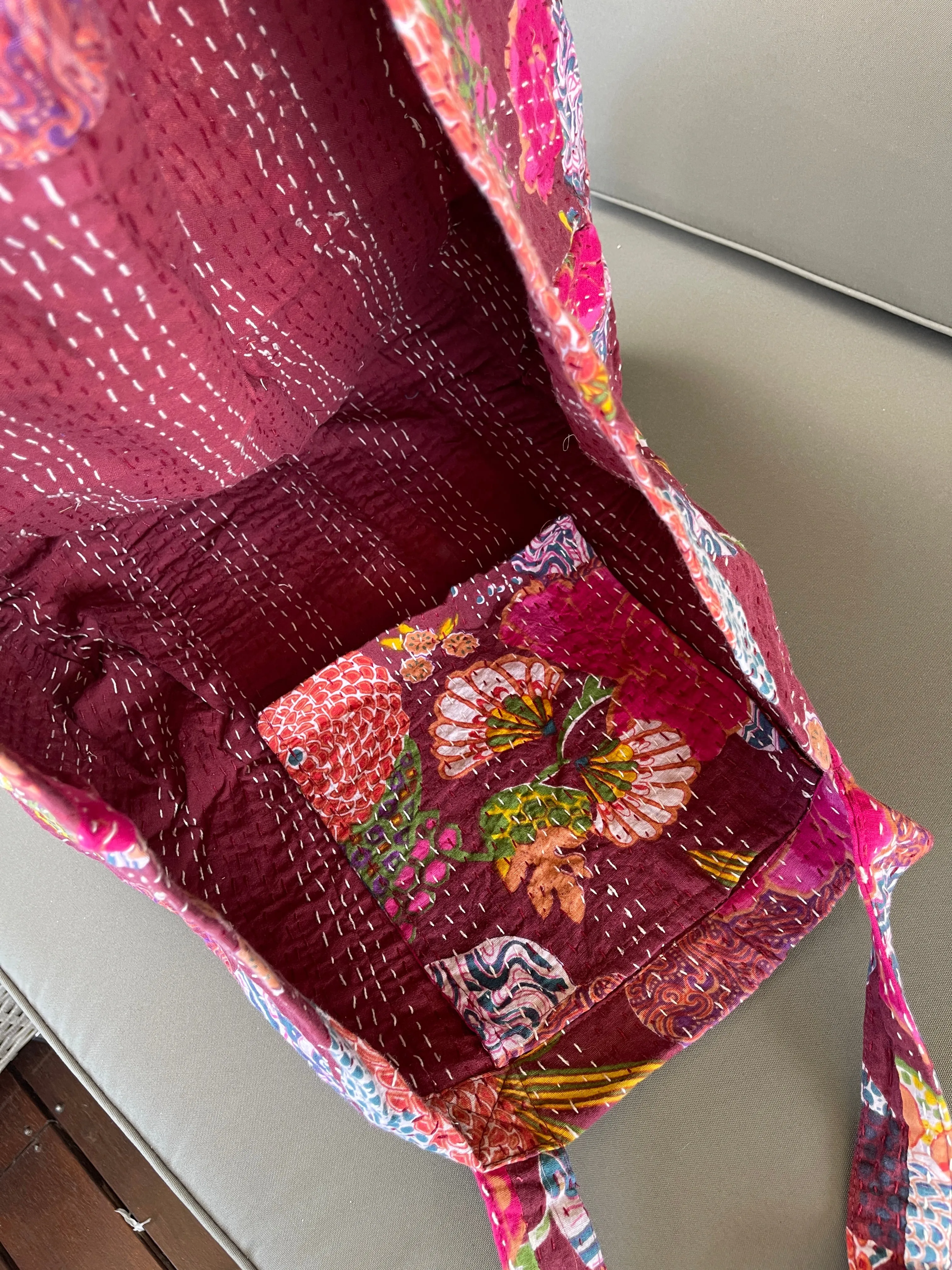 Handmade Boho Cotton Burgundy Tropical Kantha Quilted Bags Tote Beach Bag