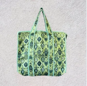 Handmade Boho Cotton Green Ikat Quilted Bags Beach Tote Bag