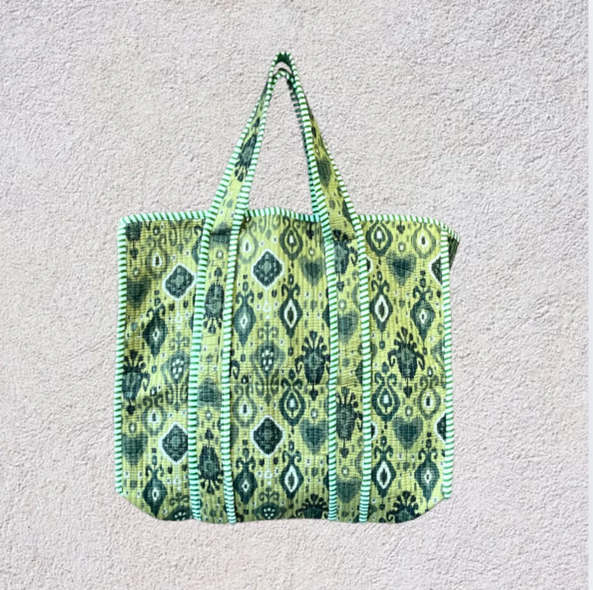 Handmade Boho Cotton Green Ikat Quilted Bags Beach Tote Bag