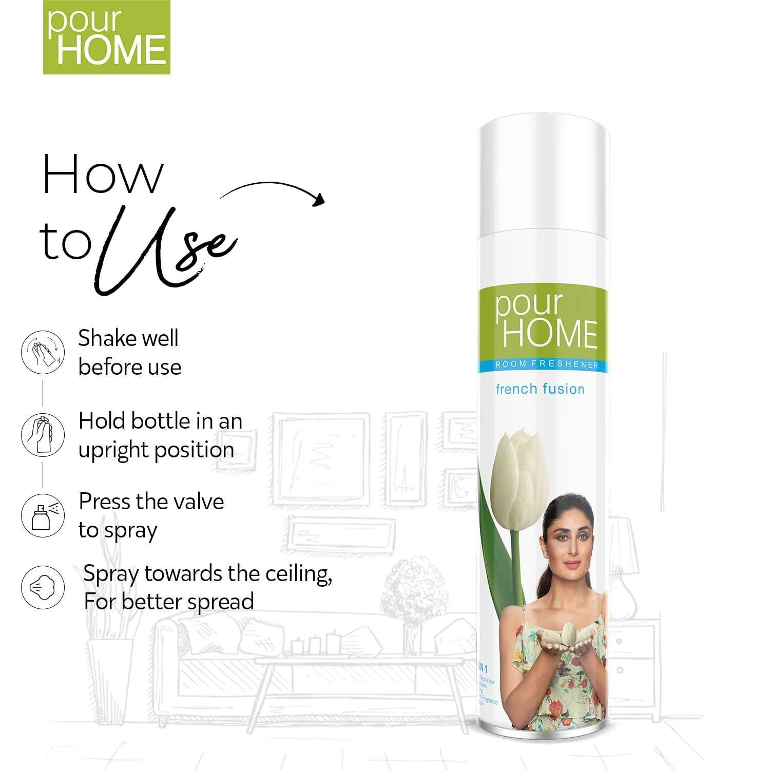 POUR HOME French Fusion Room Air Freshener Spray - 220ML Each (Pack of 2) | Long-Lasting Fragrance - Reduces Odours - Suitable for Home & Office