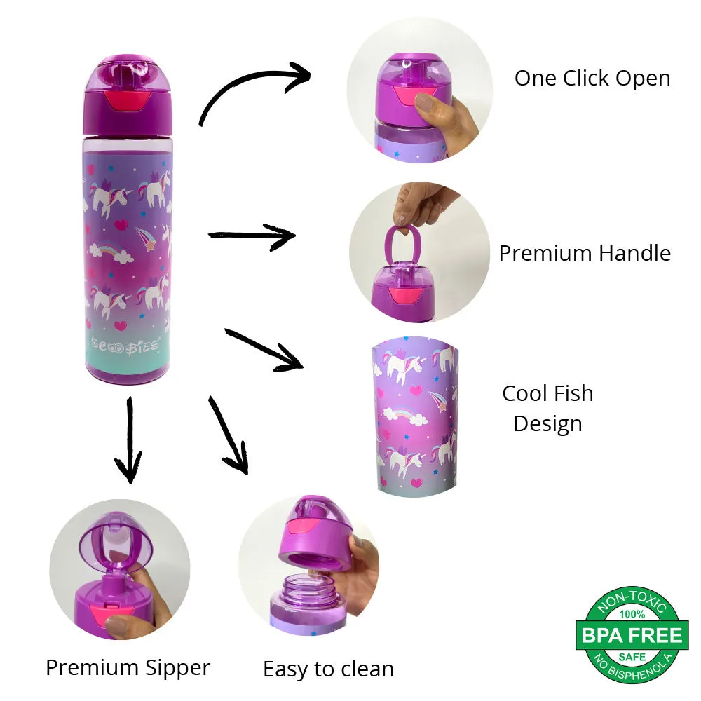 Scoobies Tritan Bottle | Unicorn Design | With Push Lock Button | Easy to Carry | 750 ML