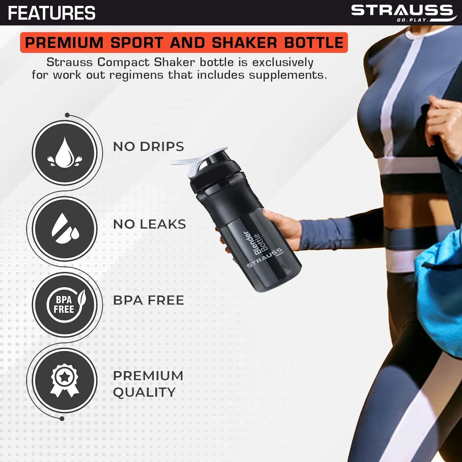 Strauss Blender Protein Shaker Bottle | Gym Shaker | Sipper Bottle | Gym Bottle