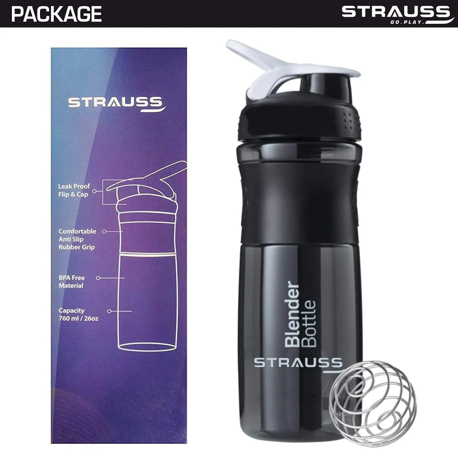 Strauss Blender Protein Shaker Bottle | Gym Shaker | Sipper Bottle | Gym Bottle