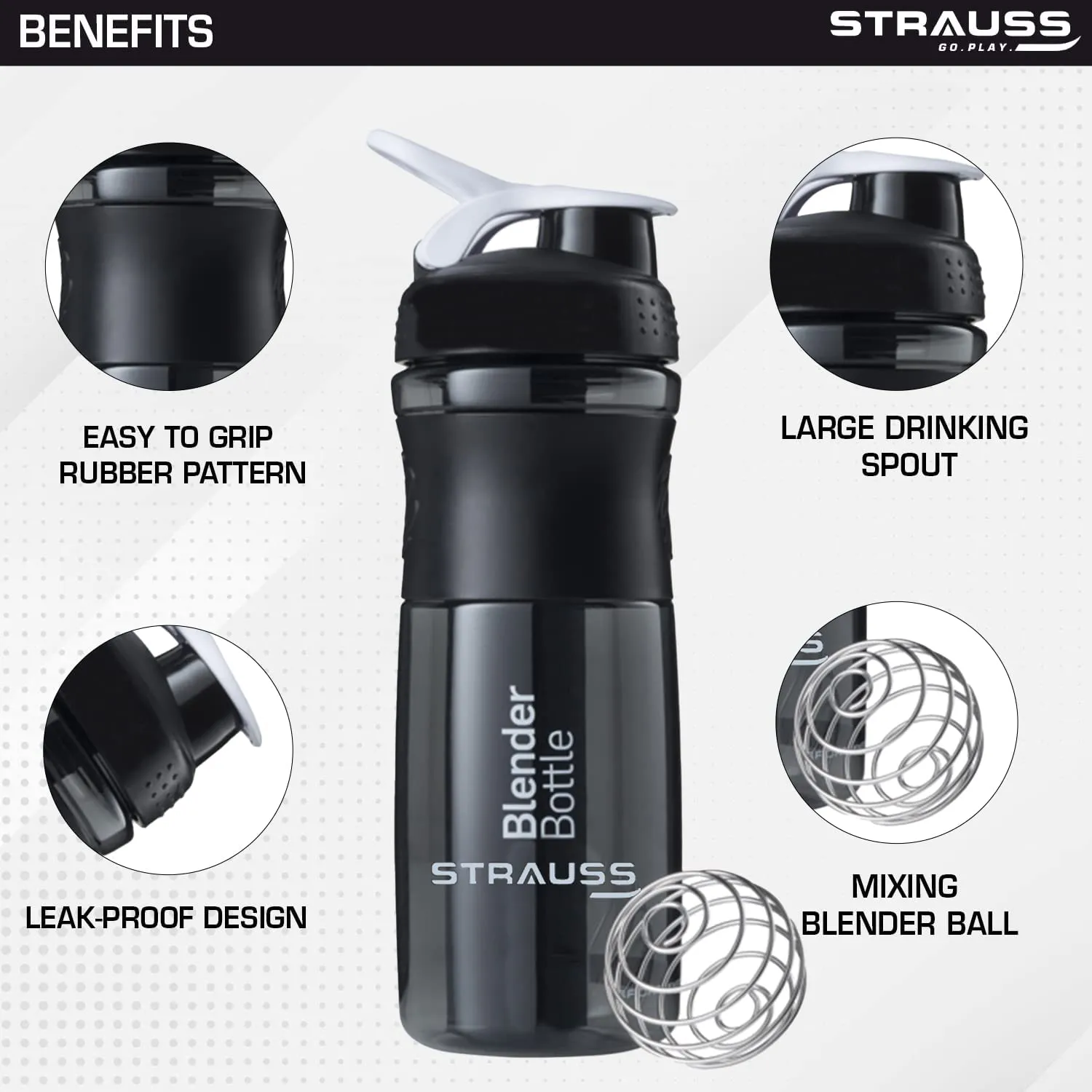 Strauss Blender Protein Shaker Bottle | Gym Shaker | Sipper Bottle | Gym Bottle