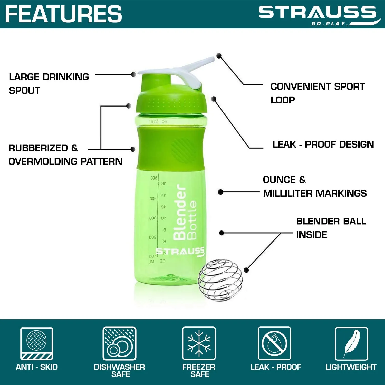 STRAUSS Blender Shaker Bottle | Leakproof Shaker Bottle for Protein Shake, Pre-workout and Bcaa Shake | Protein Shaker Bottle for Gym | Ideal for Men and Women | BPA-Free Material- 760 ML,(Green)