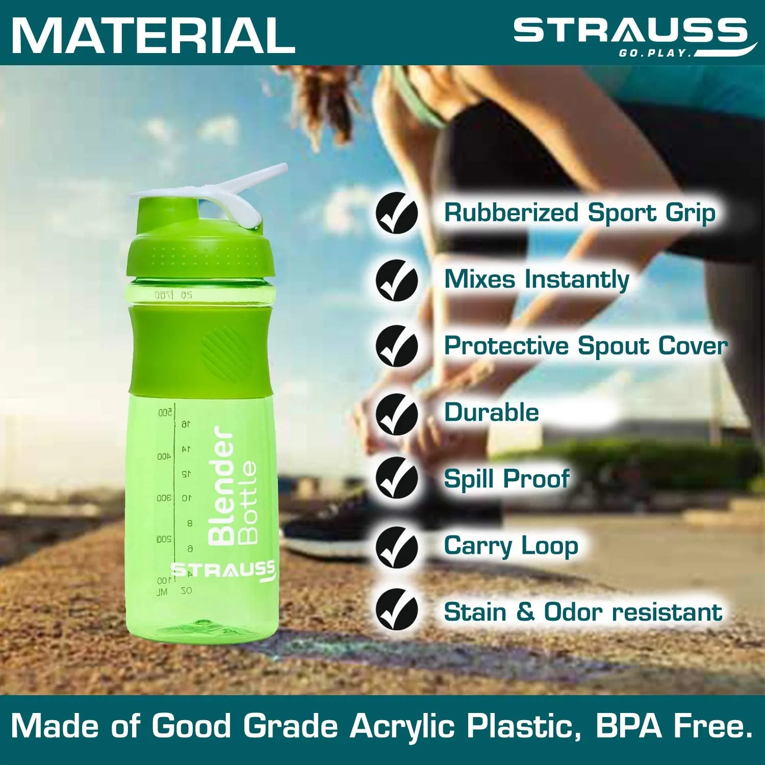 STRAUSS Blender Shaker Bottle | Leakproof Shaker Bottle for Protein Shake, Pre-workout and Bcaa Shake | Protein Shaker Bottle for Gym | Ideal for Men and Women | BPA-Free Material- 760 ML,(Green)