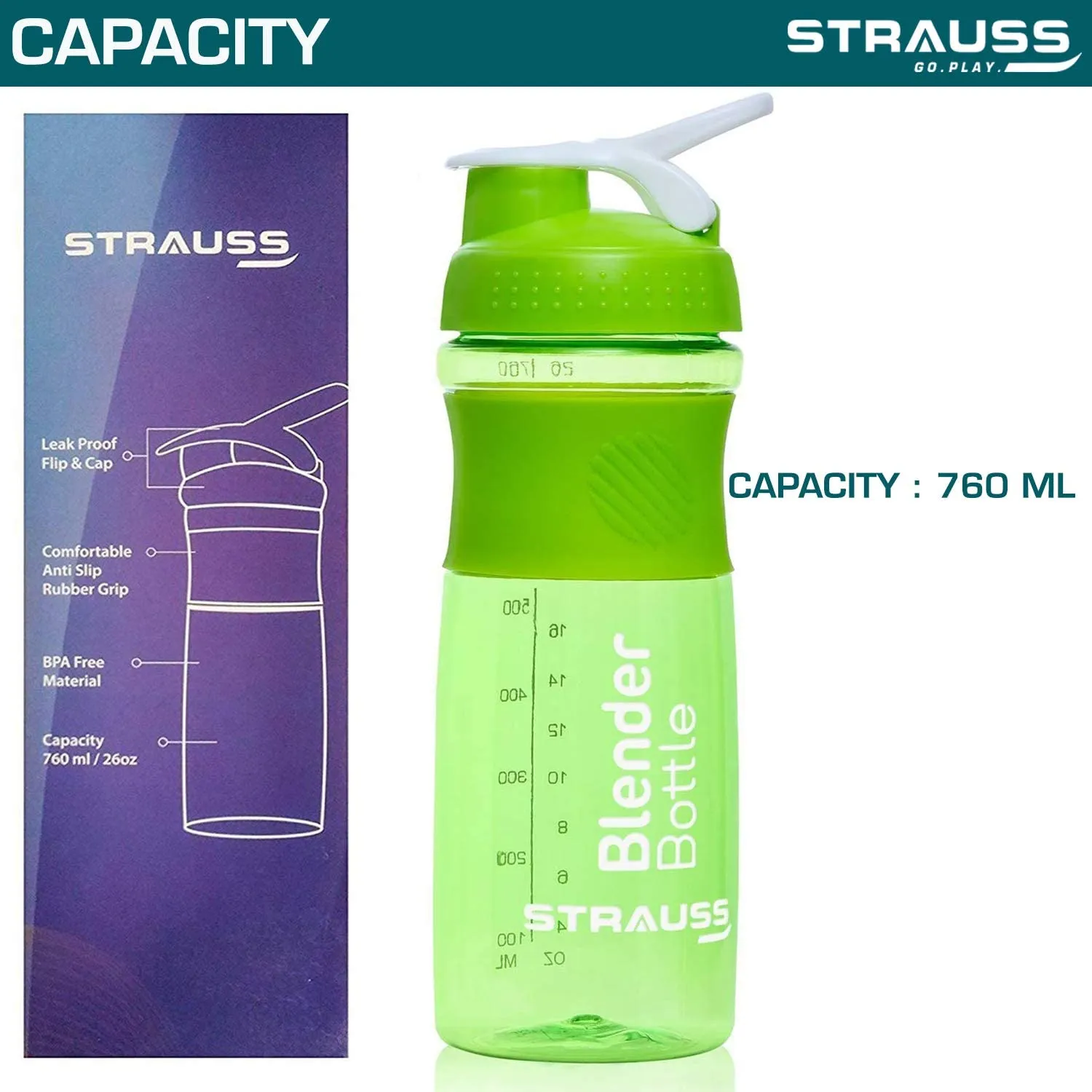 STRAUSS Blender Shaker Bottle | Leakproof Shaker Bottle for Protein Shake, Pre-workout and Bcaa Shake | Protein Shaker Bottle for Gym | Ideal for Men and Women | BPA-Free Material- 760 ML,(Green)